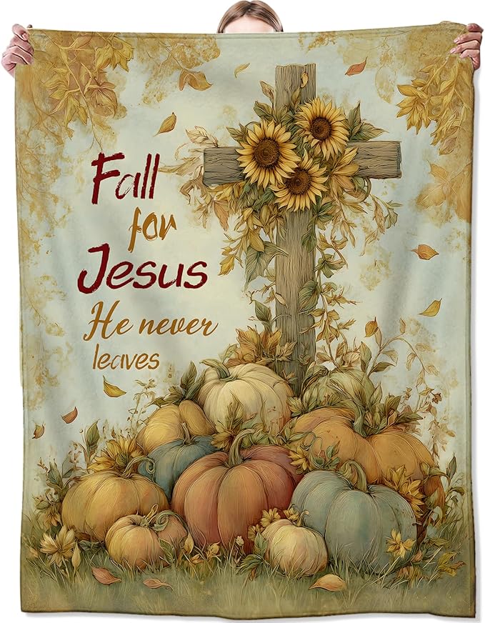 Christian Fall Blanket,Inspirational Gifts for Believer,Soft Lightweight Flannel Throw Blankets,Pumpkin Sunflower and Cross Throws Autumn Home Decor,for Camping Living Room Office,60x50inch