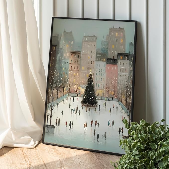 OZCONO Christmas Cityscape Wall Art, Retro Christmas Pastel Tone Decor, Whimsical Snowy Village Poster, Idea for Noel Season, Skating Scene Artwork (Unframed) (16x24)
