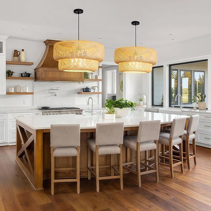 23.62" Bamboo Pendant Light,4-Light Boho Rattan Hanging Light,Hand Woven Wicker Chandelier for Kitchen Island for Kitchen Island Dining Bedroom Living Room Restaurants