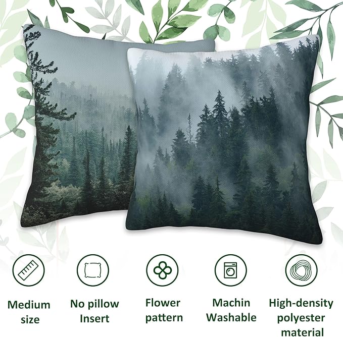 Misty Forest Throw Pillow Cover Case Misty Valley and Dark Forest Throw Pillows Set of 2 Soft Pillow Covers 18x18 Inches Farmhouse Home Decor for Living Room Bedroom Sofa Couch Cushion Cover