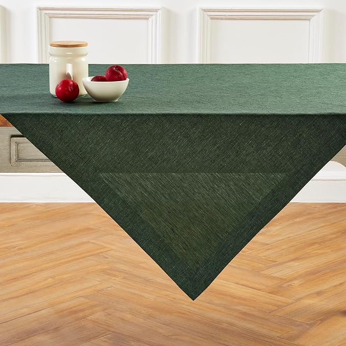 Solino Home Linen Cloth Tablecloth 52 x 52 Inch - 100% Pure Linen Forest Green Square Tablecloth - Athena, Machine Washable Table Throw for Fall, Autumn, Thanksgiving, Winter