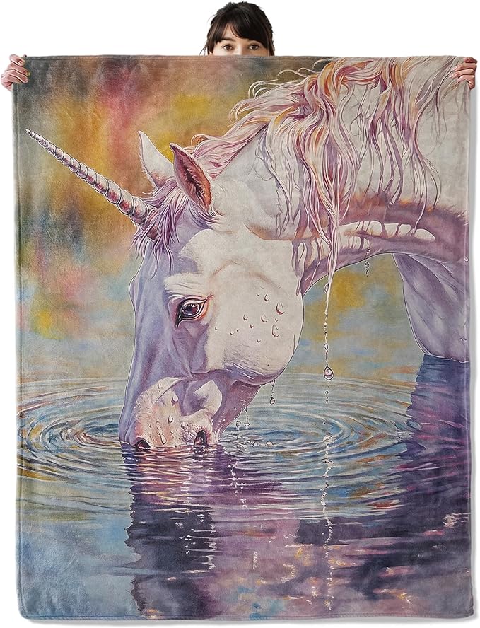 Dreamy Unicorn Blanket, Cozy Flannel Unicorns Drinking Water Throw Blanket, Soft Fuzzy Blankets for Travel Home Decor, All Season Lightweight Couch Bed Cover, Gifts for Women Adults 50"×60"