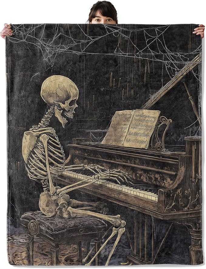 Haunted Skeleton Pianist Blanket, Cozy Flannel Gothic Style Throw Blanket, Soft Fuzzy Blankets for Travel Home Decor, All Season Lightweight Couch Bed Cover, Gifts for Women Adults Kids 40"×50"