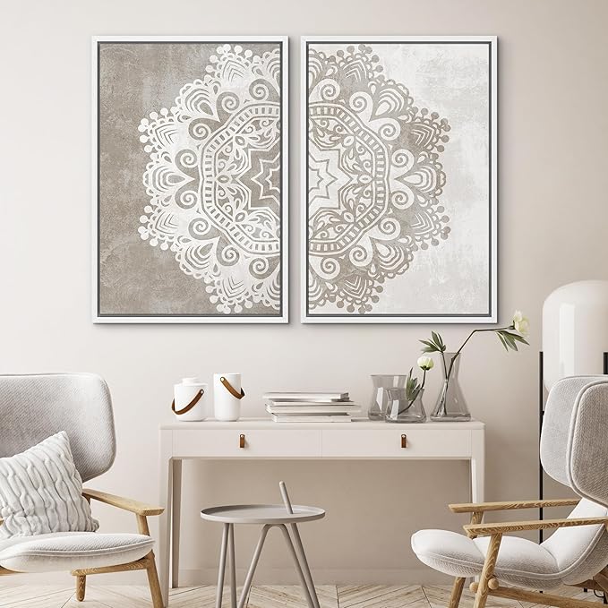 SIGNWIN Framed Canvas Print Wall Art Set Duotone Cultural Indian Mandala Pattern Abstract Shapes Illustrations Modern Art Minimal Boho Relax/Calm for Living Room, Bedroom, Office - 24"x36"x2 White