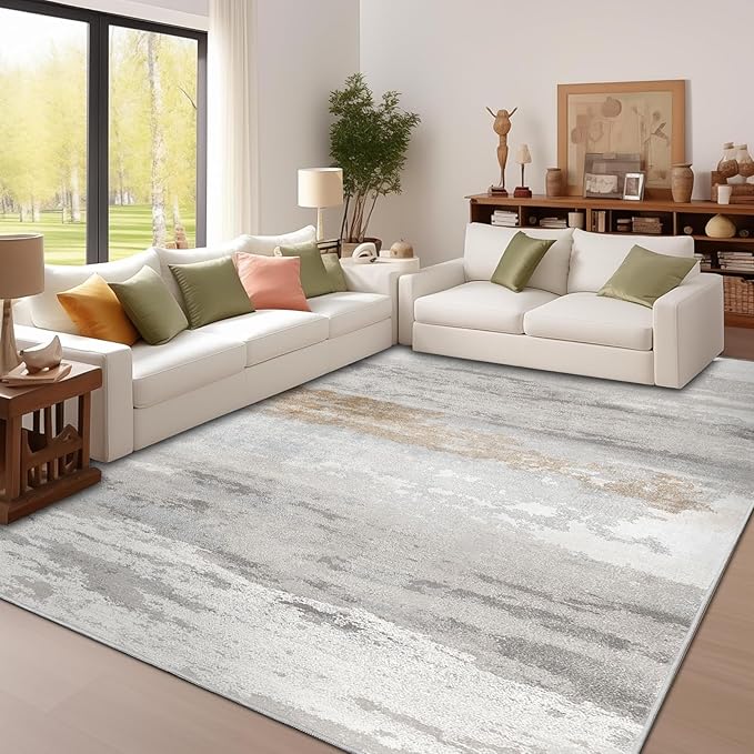 Enkor Area Rugs 9x12 Washable Non Slip Abstract Soft Rugs for Living Room Bedroom, Modern Mat for Kitchen Entryway Brown & Grey