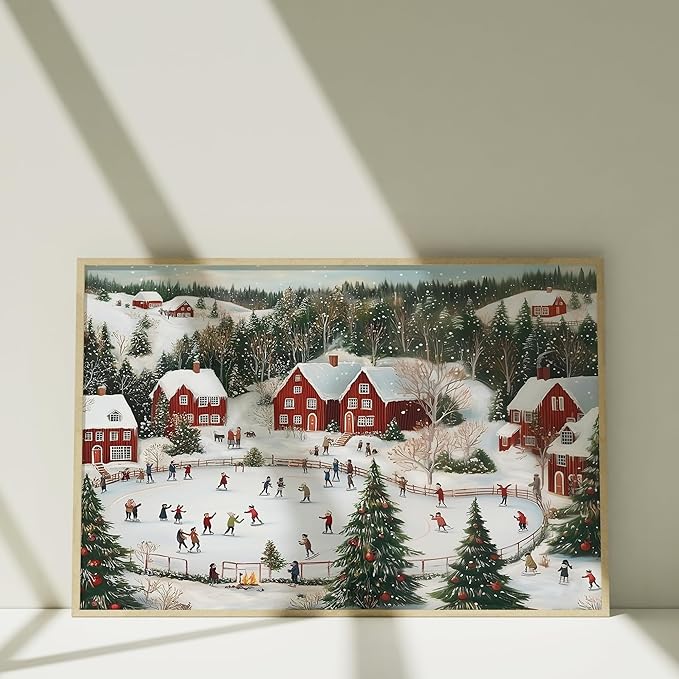 OZCONO Snowy Christmas Village Wall Art for Holiday Decor, Nordic Winter Town Scene with Ice Skating, Vintage Seasonal Artwork, Xmas Festive Cabin Landscape Accent (Unframed) (16x24)