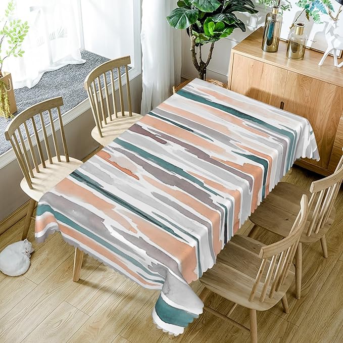 54x120inches Modern Rectangle Tablecloth Teal Orange Grey Abstract Painting Aesthetic Stripe Table Cloth Washable and Reusable Fabric Table Cover for Kitchen Dining Room Living Room Home Decor
