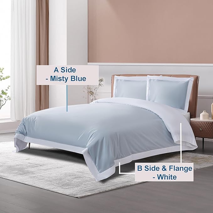 THE COTTON & SILK®️ 100% Luxury Long-Staple Cotton Duvet Cover Set - Soft & Breathable - Include 1 Duvet Cover (Corner Ties & Hidden Zipper), 2 Pillow Shams - Misty Blue + White, King/California King
