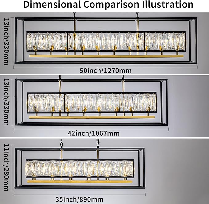 Vezzio Large Chandeliers for Dining Room Modern Black and Gold Channdelier L42 inch Crystal Ceiling Light Fixture Over Table 8 Lights Rectangle Chandelier for Kitchen Island