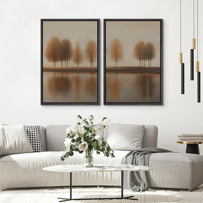 SIGNWIN Framed Canvas Print Wall Art Set Autumn Trees by The Lake Warm Brown Landscape Illustrations Modern Art Scenic Colorful for Living Room, Bedroom, Office - 16"x24"x2 Black