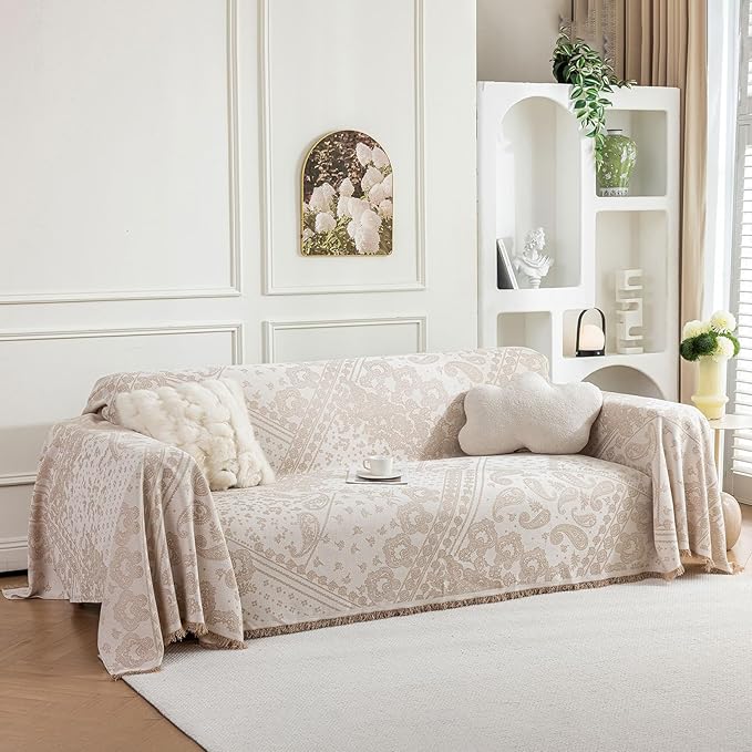 ROOMLIFE Boho Beige Couch Cover for Dogs, Washable Non Slip Furniture Protector Couch Sofa Covers for 3 Cushion Couch, Soft Breathable Sofa Slipcovers Couch Cover Throw Blanket with Tassels71''X134''