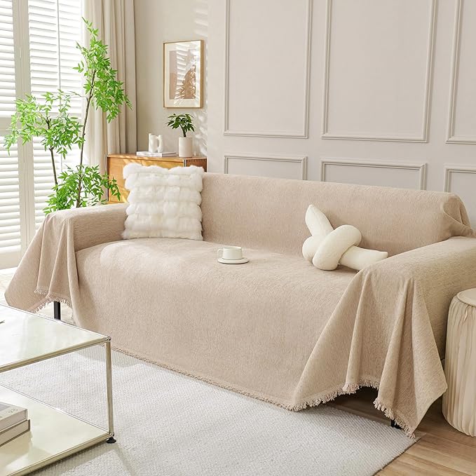 DREAMINGO Sofa Covers Washable Thick Chenille Couch Cover for 3 Cushion Couch Sofa Multi-Use Couch Cover Blanket Modern Pet Furniture Protector Sectional Couch Slipcover 91"x150", Khaki