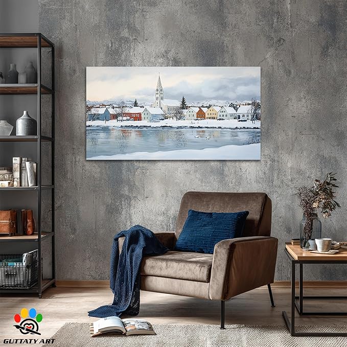 GUTTATY Christmas Winter Scene Canvas Wall Art, Snowy Village Houses & Church Wall Decor, Serene Winter Pictures, Holiday Wall Prints for Living Room, Bedroom, Office, 60x30 Inch