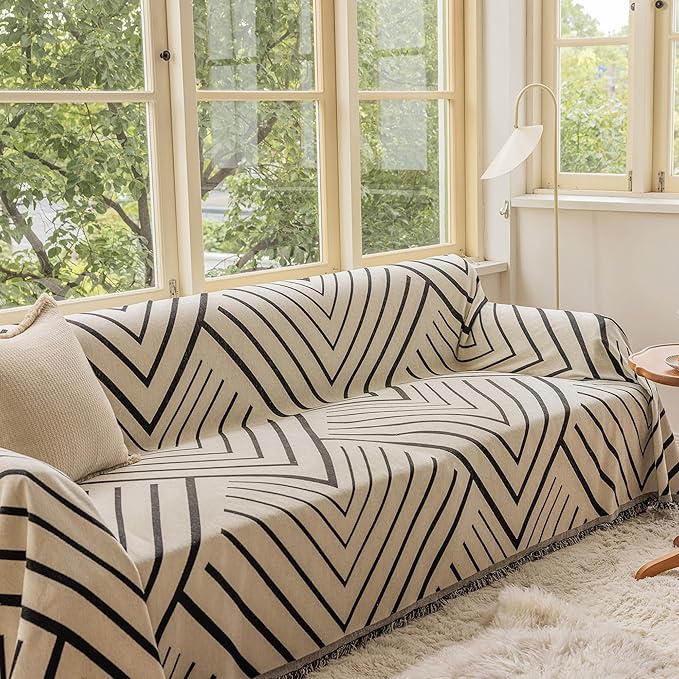 VClife Boho Farmhouse Couch Cover 71''x118'', 1 pc Washable Sofa Covers for 2 Cushion Couch Sofa Kids Soft Chenille Beige Black Herringbone Home Decor Couch Covers for Bed Sofa Living Room Slipcover