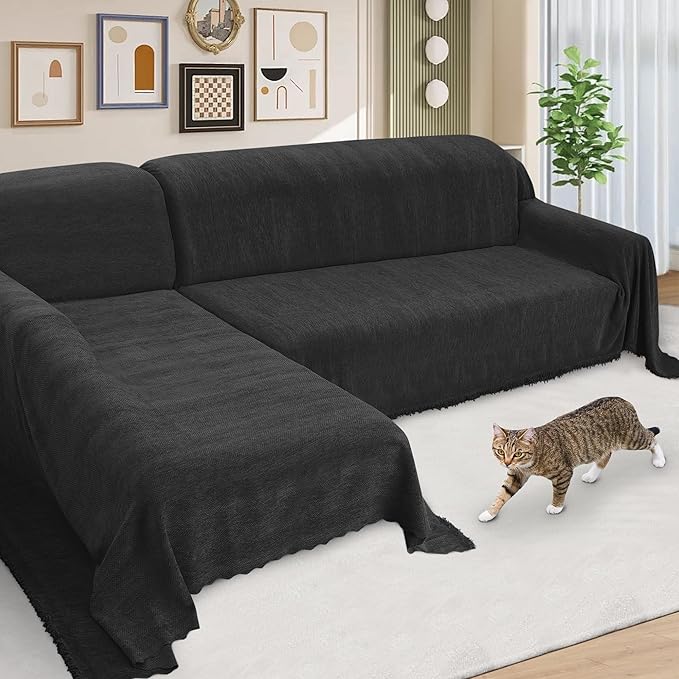 ALIECOM Sectional Couch Covers L Shape Sectional Sofa Cover for Dogs 2 Piece Thick Chenille L Shaped Couch Cover Blanket Chaise Sofa Slipcovers Pet Furniture Protector Washable (XX-Large, Black)