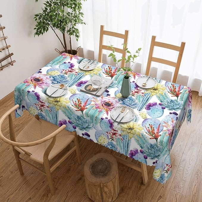 Cactus Table Cloth for Dining Tables, Reusable Blue Succulents Flowers Bloom Vibrant Watercolor Plant Tablecloths Decoration Tabletop Rectangle Table Cover for Kitchen,Party,Banquet,54x72In