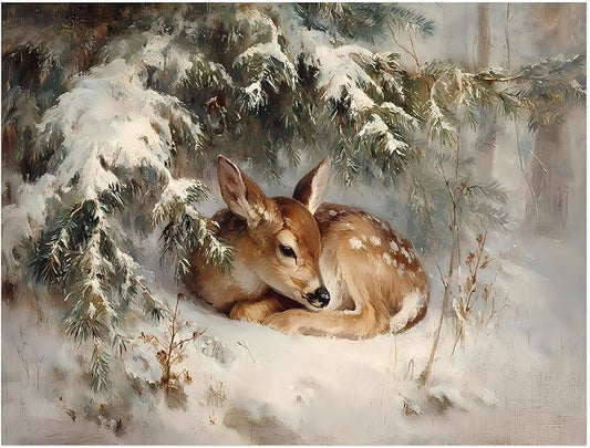 Winter Fawn Wall Art Prints,Woodland Christmas Decor,Rustic Farmhouse Print,Cozy Animal Painting,Snowy Forest Artwork,Christmas Snowy Deer Scenery