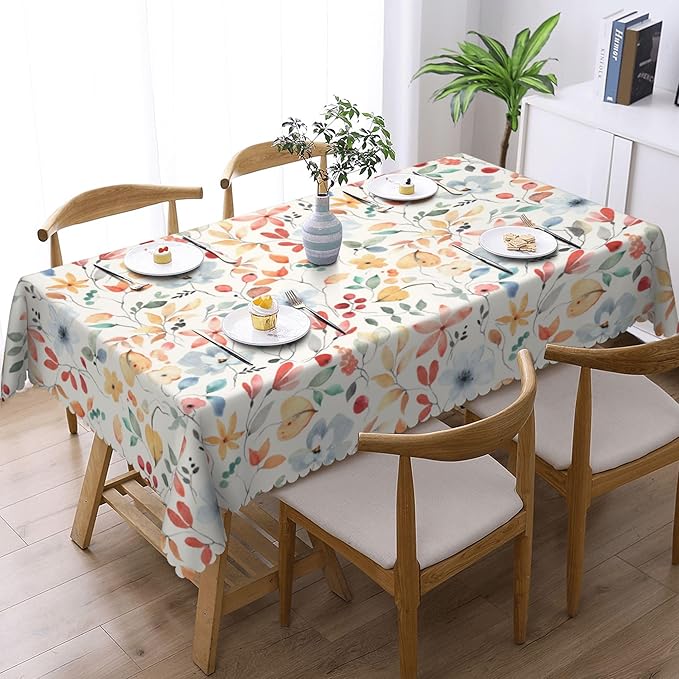 Watercolor Flower Tablecloth Aesthetic Floral Rectangle Tablecloth Floral Botanical Style Table Cover 54×72 Inch Washable Table Cloth for Kitchen Dining Room Party Decoration