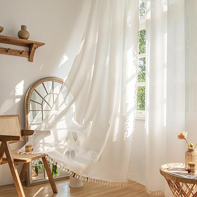 Sutuo Home Boho Curtains 63 Inches Long, Bohemian Linen Style Textured Curtains with Tassels for Living Room, Semi Blackout Farmhouse Drapes, Rod Pocket Window Treatments 2 Panels, 52" x 63", White