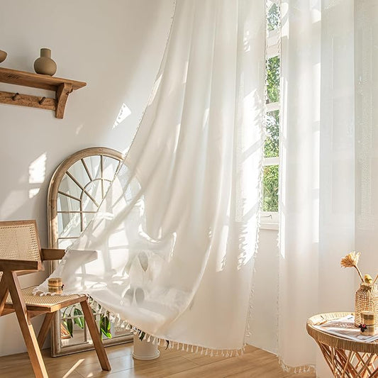 Sutuo Home Boho Curtains 63 Inches Long, Bohemian Linen Style Textured Curtains with Tassels for Living Room, Semi Blackout Farmhouse Drapes, Rod Pocket Window Treatments 2 Panels, 52" x 63", White