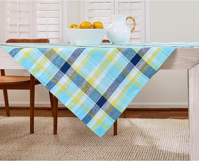 Solino Home Blue Linen Tablecloth 52 x 52 Inch - 100% Pure Linen Summer Madras Plaid Tablecloth - Handcrafted and Machine Washable Table Throw