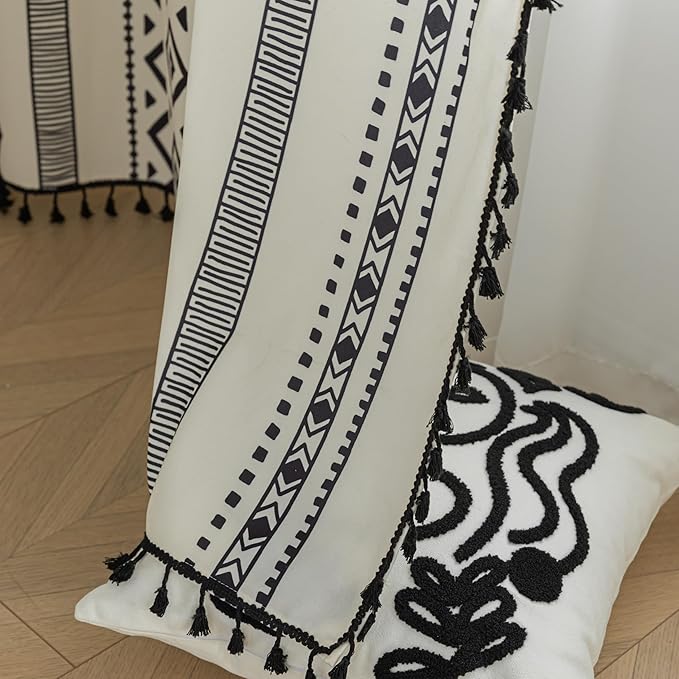 Boho Curtains Geometric Light Filtering Semi-Blackout Window Curtains 96 Inches Long Rod Pocket Drapes for Living Room 2 Panels-Black Totem
