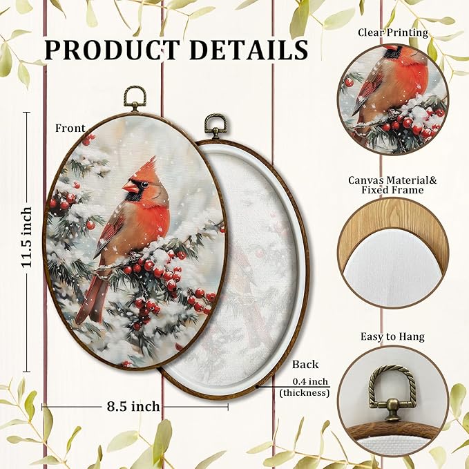 JQF Christmas Cardinal Oval Wall Decor, Rustic Winter Xmas Oval Canvas Wall Art, Christmas Cardinal Holiday Framed Prints Hanging Decor for Farmhouse Home Living Room Bedroom, 8.5x11.5 Inch