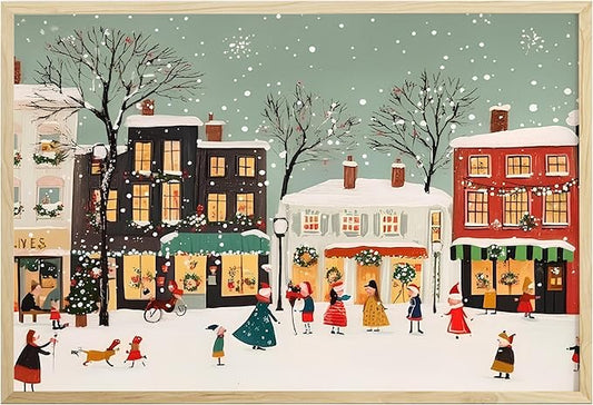 OZCONO Retro Christmas Village Art, Festive Winter Town Decor, Cheerful Holiday Home Accent, Snow Noel Print, Charming Seasonal Wall Artwork for Cozy Interior Style (Unframed) (12x18)