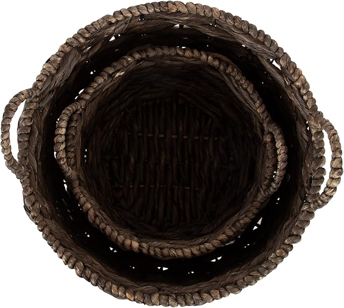 Kate and Laurel Livia Modern Two-Piece Woven Basket Set; 16 x 16 and 13 x 13; Warm Brown Water Hyacinth; Transitional Natural Wicker Baskets for Use as Woven Planters or Living Room Blanket Baskets