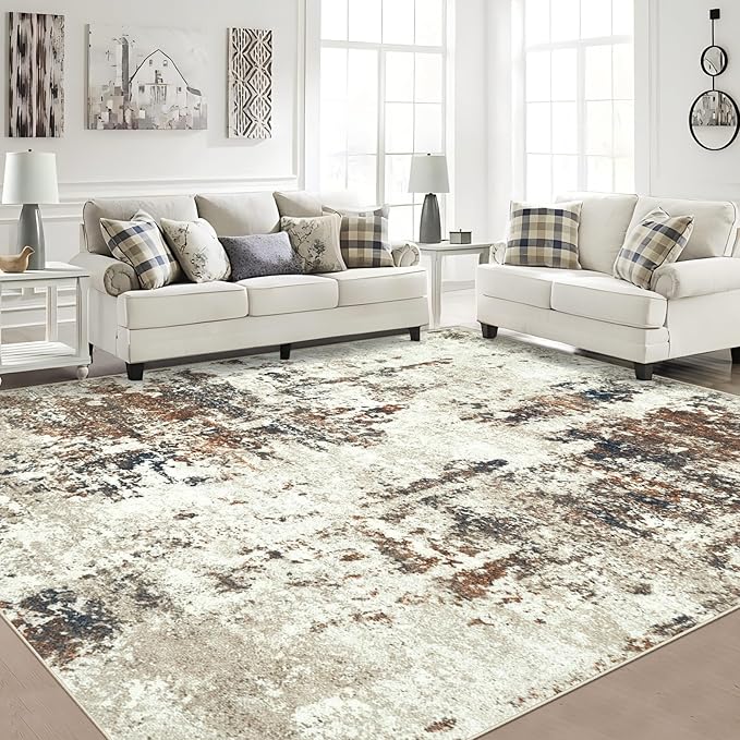Living Room Rug 8x10 Rug, Machine Washable Modern Abstract Rug Soft Neutral Area Rug Non-Slip Stain Resistant Large Rugs for Living Room Dining Room Bedroom Dorm Office(Brown,8'x10')