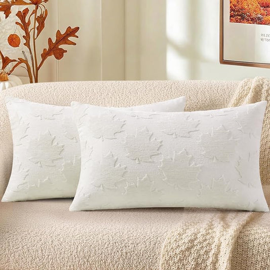 decorUhome Decorative Cream White Maple Leaf Thanksgiving Throw Pillow Covers 12x20 Set of 2, Soft Chenille Jacquard Farmhouse Textured Pillow Covers for Couch Sofa Autumn Harvest Halloween Holiday