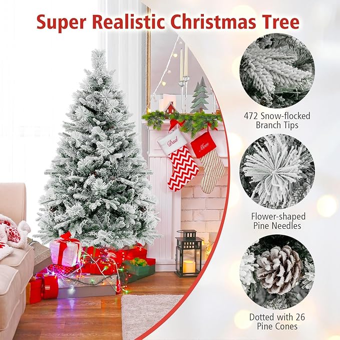 HAPPYGRILL 4.5 FT Pre-lit Artificial Christmas Tree, Snow-Flocked Xmas Tree with 160 Multi-Color LED Lights, 8 Lighting Modes, 472 Branch Tips, Pine Needles, Hinged Tree for Home Office Party