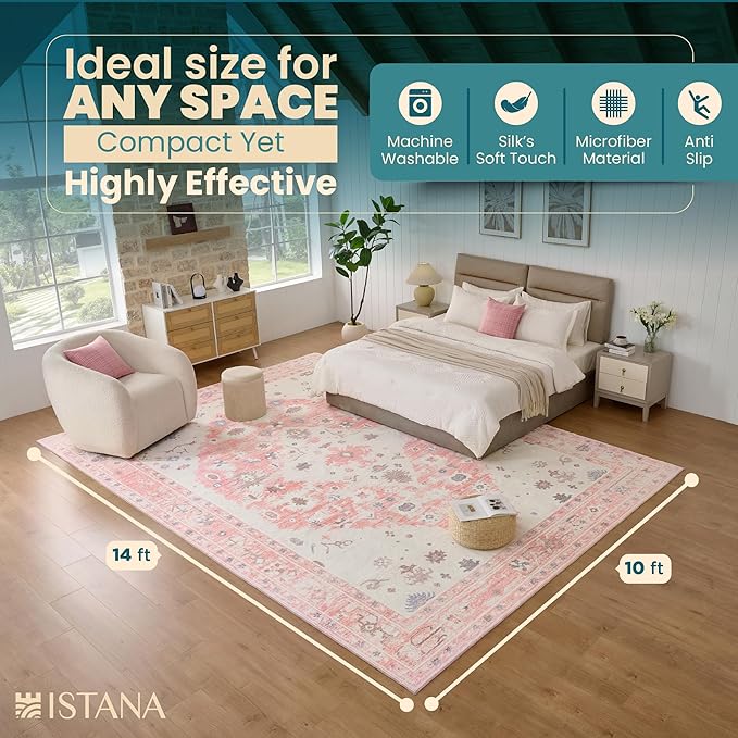 Istana Living Room Rug 10x14 - Pink 10 x 14 Area Rug - Foldable Machine Washable Area Rugs 10x14 - Stylish 10x14 Area Rugs Boho - Stain Resistant Washable Rug 10x14