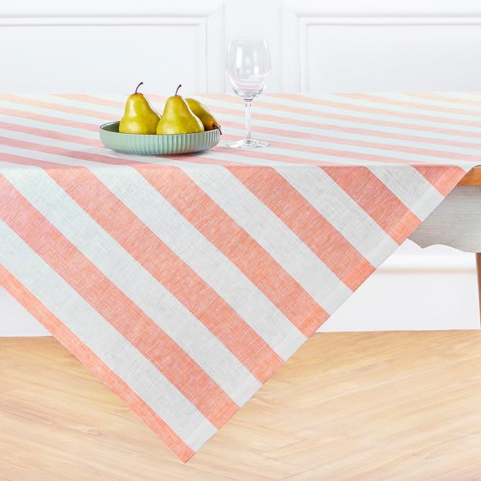 Solino Home Linen Tablecloth 52 x 52 Inch - Cabana Stripe, 100% Pure Linen Salmon and White Square Tablecloth - Machine Washable Table Throw