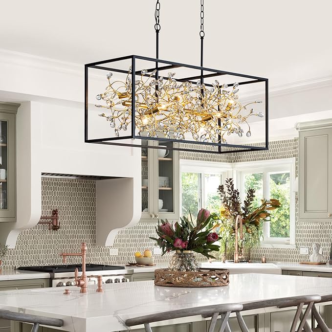 Vezzio Black and Gold Chandelier, 8-Light Rectangle Crystal Chandeliers Rectangular Modern Luxury Pendant Light Fixture for Dining Room Kitchen Island Large, L38.5 Inch