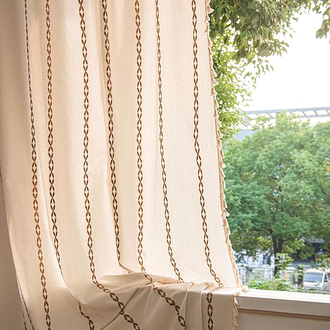 Sutuo Home Boho Curtains 84 Inches Long for Bedroom Living Room,Bohemian Drape Light Filtering Country Semi Blackout Farmhouse Window Treatment Rod Pocket, 1 Panel W52 x L84,White and Coffee