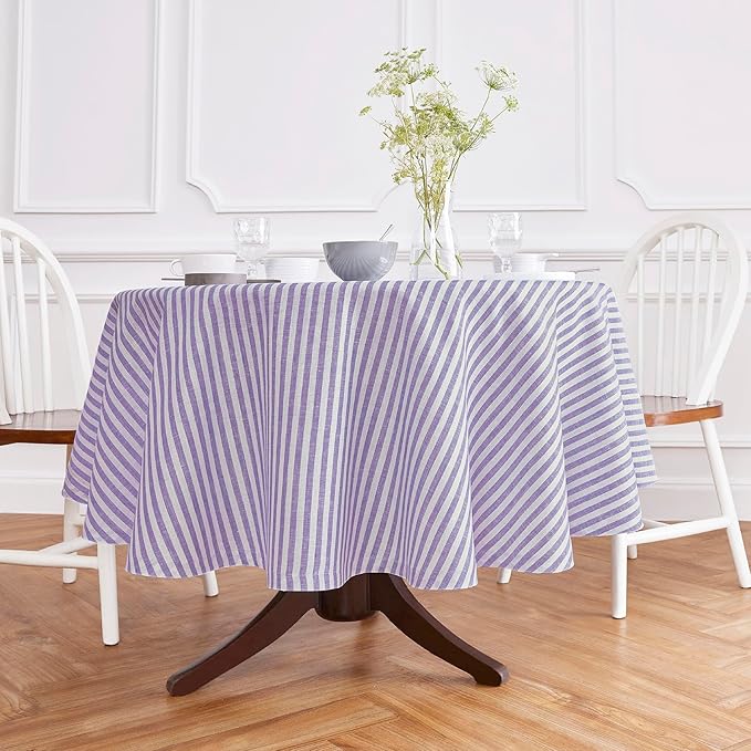 Solino Home Linen 60 Inch Round Tablecloth - Amalfi Stripe, 100% Pure Linen Violet and White Round Tablecloth - Machine Washable Table Cloth