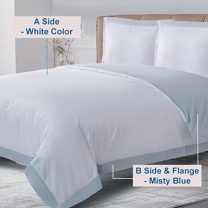 THE COTTON & SILK®️ 100% Luxury Long-Staple Cotton Duvet Cover Set - Soft & Breathable - Include 1 Duvet Cover with Corner Ties & Hidden Zipper, 2 Pillow Shams - White + Misty Blue, Queen Size