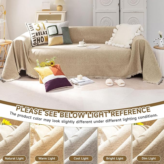 VClife Beige Couch Cover for Sofa 1 Piece Modern Minimalism Couch Cover for 2 Cushion Couch Sofa Slipcover Washable Soft Chenille Sofa Covers Furniture Protector for Bedroom Living Room 91''x118''
