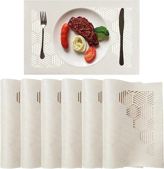 Cloth Placemats Set of 6 for Dining Table, Decorative Placemats with Hollow Design Table Cloth Set, Table Mats for Dining Table 12"x18" Cream