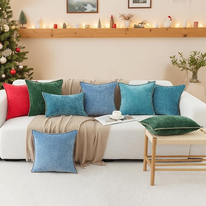 decorUhome Christmas Chenille Soft Throw Pillow Covers 26x26 Set of 2, Farmhouse Velvet Neutral Decorative Euro Pillow Covers with Stitched Edge for Couch Sofa Bed Home Decor, Christmas Red