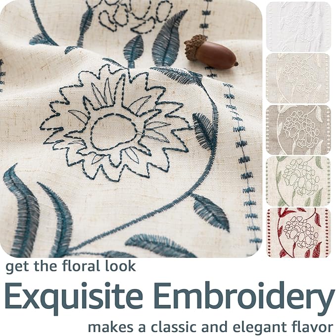 jinchan Winslow Linen Curtains for Bedroom 90 Inches Length Embroidered Bordered Floral Curtains for Living Room Farmhouse Decor Light Filtering Window Treatments Blue on Beige Drapes 2 Panels