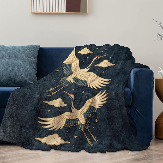 Elegant Crane Blanket Gifts for Women Girls Kids, Soft Warm Lightweight Flannel Cranes with Stars and Clouds Throw Blankets for Bedroom Living Room Home Sofa Home Camping Decor 60" x 80"