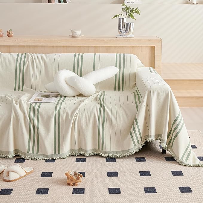 DREAMINGO Chenille Armchair Cover Jacquard Sofa Covers Washable Furniture Protector Recliner Couch Cover 1 Cushion Reversible Chair Cover Beige Green Striped Couch Cover Blanket 71"x 71"