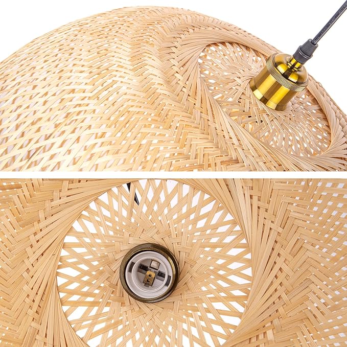 Arturesthome 1 Light Natural Bamboo Pendant Lamp, Round Hanging Ceiling Light Wicker Chandelier, Hand-Woven Boho Basket Lampshade for Kitchen Island Living Room