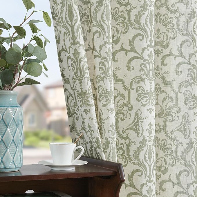 jinchan Curtains for Bedroom, Light Filtering Curtains 72 Inch Length 2 Panels Set, Baroque Style Linen Drapes for Living Room, Vintage Damask Patterned Window Treatments, Grommet Sage Green on Flax