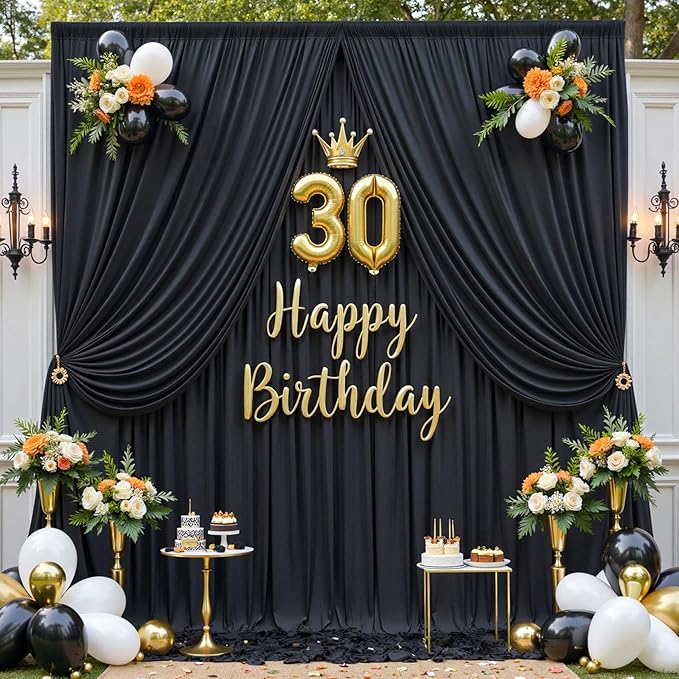 40ftx10ft Wrinkle Free Black Backdrop Curtain for Parties, 8 Panels 5x10ft Silky Polyester Black Photo Backdrop Drapes for Birthday Wedding Graduation Retirement Photography Background
