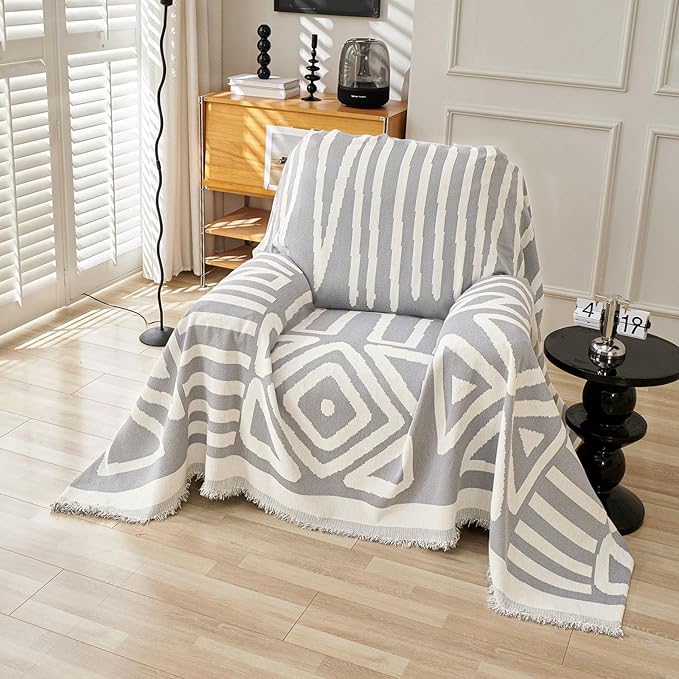 VClife Armchair Couch Cover, 1 Piece Boho Tribal Gray and White Geometric Jacquard Pattern Sofa Cover for 1 Cushion Couch Sofa, Soft Washable Chenille Chair Cover Slipcover for Living Room 71"X90"