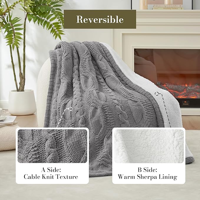 Amélie Home Cable Knit Throw Blanket for Couch Twin, Chenille Sherpa Soft Cozy Throw Blankets for Sofa Chair Comfortable Home, 60"x80", Gray