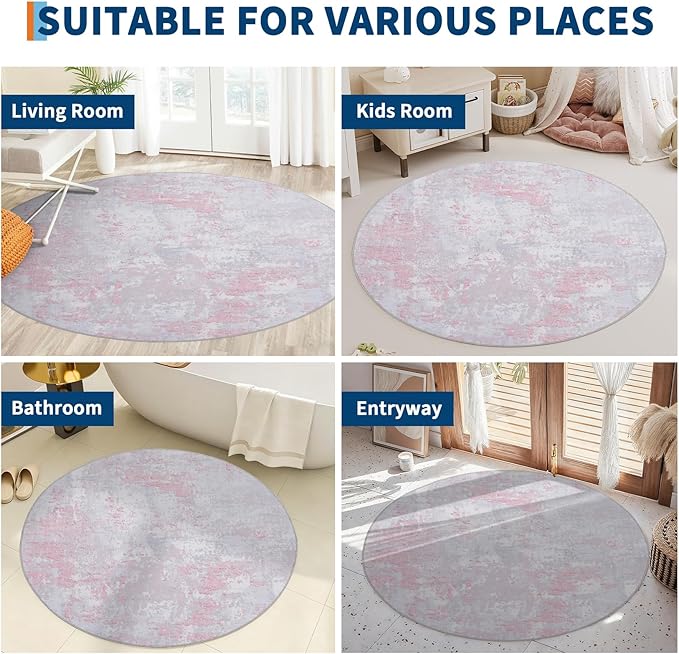 Modern Abstract 4x4 Round Area Rug Non Slip Non Shedding Rug Low Pile Stain Resistant for Bedroom Living Room Office Dining Room,Grey Pink
